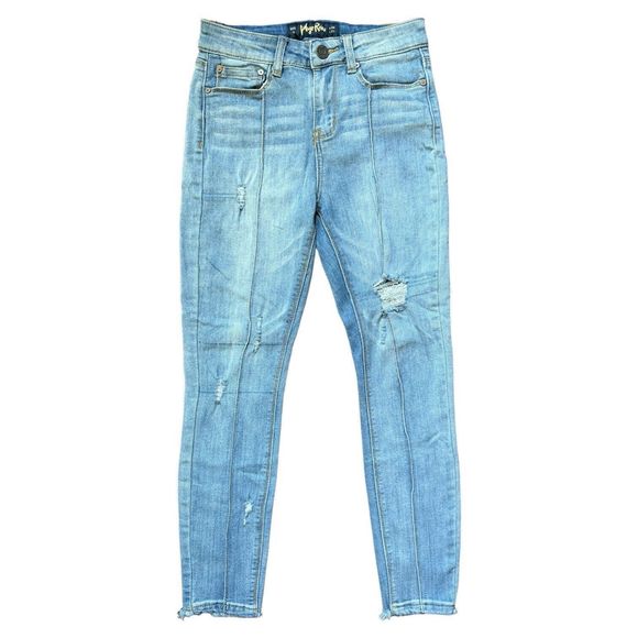 Indigo Rein Skinny Jeans Juniors 3 W26 Blue Mid Rise Frayed Hem Distressed Denim - Picture 1 of 11